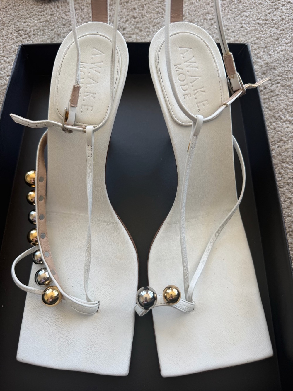 A.W.A.K.E. Mode (Awake mode) Delta White Studded Asymmetrical Sandals - Picture 3 of 9